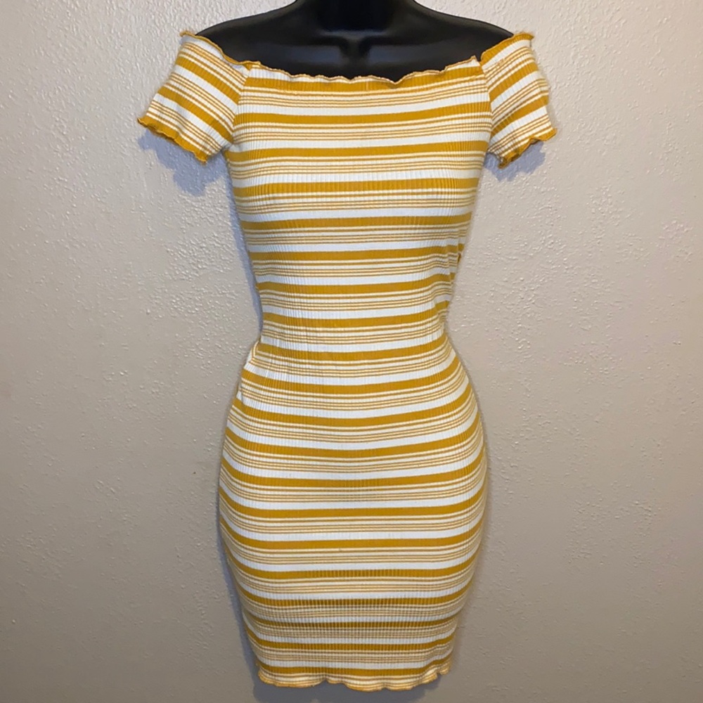 Yellow and white striped mini dress